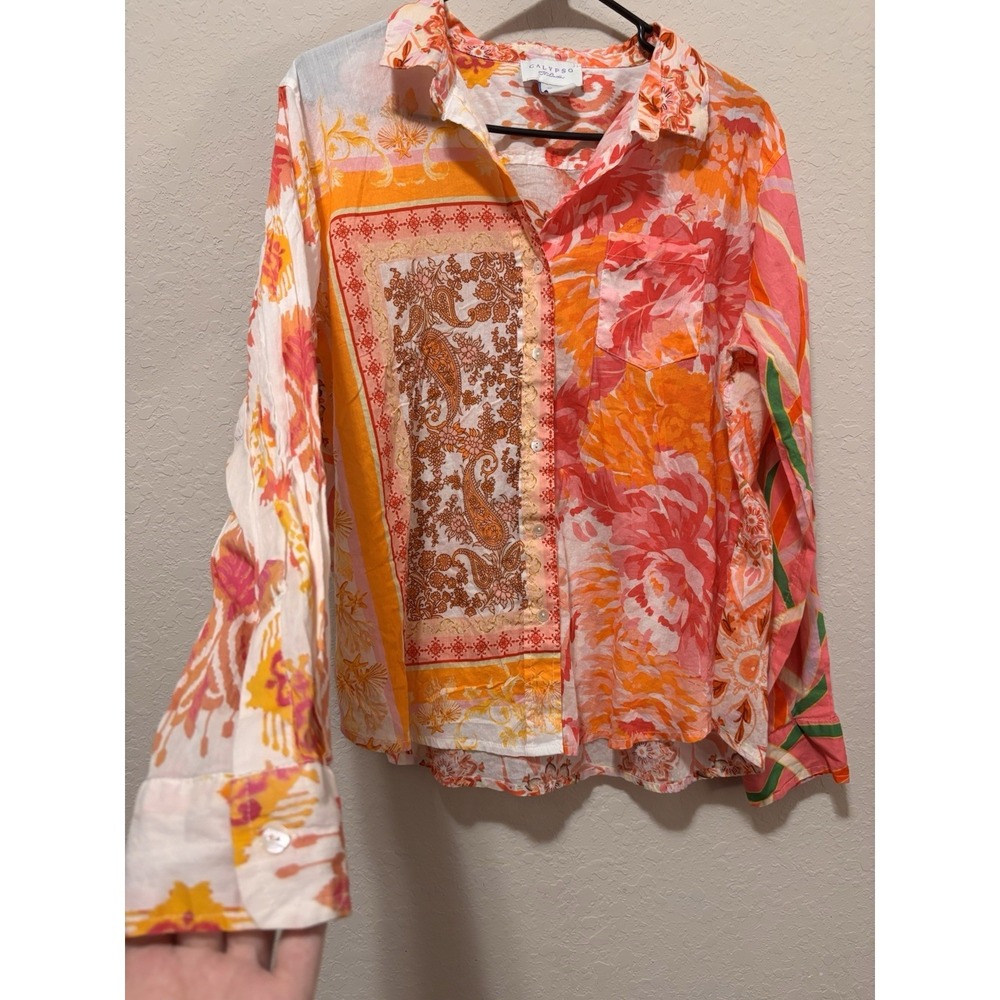 Calypso St. Barth Pink & Orange Floral Button-Up Blouse - Picture 3 of 16